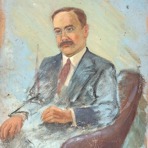 Pintura al óleo antigua original de doble cara de un artista ucraniano desconocido de los años 80. Retrato masculino al óleo y paisaje invernal al óleo.