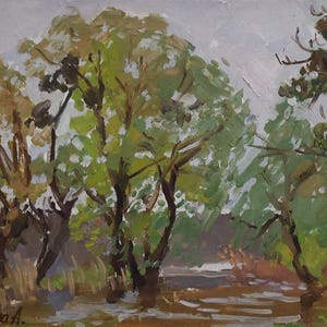Oil Painting Original, River Landscape, Ukrainian Artist A. Kulagina, Signed Artwork, 2007.