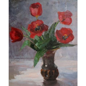 Pintura al óleo floral original, naturaleza muerta con flores de tulipanes, artista ucraniano soviético D. Bezruchko, obra de arte vintage firmada, 1988.