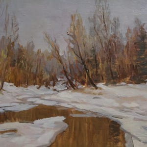 Pintura a óleo antiga, paisagem de floresta de inverno, arte vintage original, artista soviético I. D. Vorobyev (1908 - 1972)