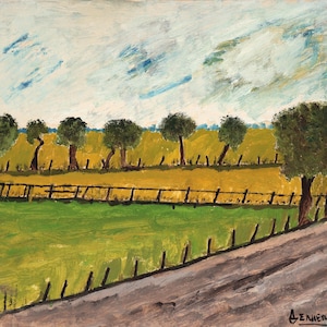 Ukrainian Field. Vintage Original Small Landscape Oil Painting on Cardboard Ukrainian Artist Heorhii Deliiev, Signed Ukrainian Artwork 2000