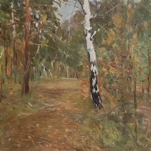Pintura a óleo Paisagem, Caminho na floresta, Pintura a óleo antiga original, Artista soviético I. D. Vorobyev (1908 - 1972), Obra de arte vintage dos anos 60.