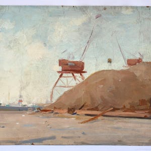 Port Routine. Original Antique  Painting River Landscape Oil on cardboard by an unknown Ukrainian artist 60s. Unsigned.