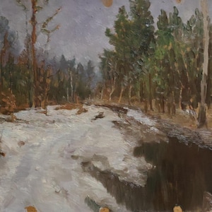 Pintura al óleo antigua Paisaje de bosque primaveral Pintura original del artista soviético I. D. Vorobyev (1908-1972), arte vintage años 60.