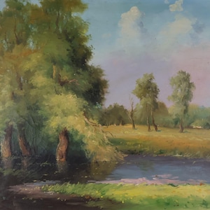 Peinture à l&#39;huile de paysage Toile originale Paysage d&#39;été Vieux saules au bord de la rivière Artiste ukrainien Oeuvre signée par l&#39;expéditeur 47 x 70 cm.