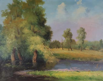 Landscape Oil Painting Original Canvas Art Summer Landscape Old Willows by the River Ukrainian Artist Sender Signed Artwork 47 x 70 cm.