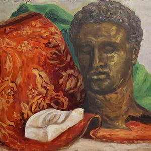 Origineel antiek olieverfschilderij, stilleven met buste, Sovjetkunstenaar I.D. Vorobyev (1908 - 1972), vintage artwork jaren 60.