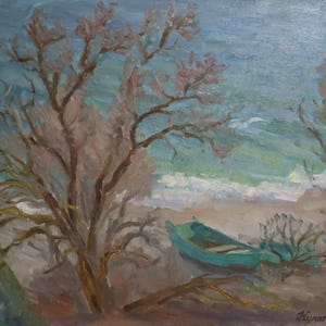Original Oil Painting, Seascape, Boat on the Shore, Ukrainian Artist A. Kulagina, Signed Artwork, 2017.