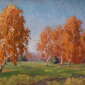 Birches in Autumn Attire. Magnificent Vintage Painting Original Oil Fall Landscape, Ukrainian Artist V. Kryuchkov. Signed Artwork, 80s.