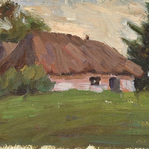 Pequeña pintura al óleo antigua original de paisaje rural de verano sobre cartón de un artista ucraniano desconocido, años 80. "En el patio del pueblo".
