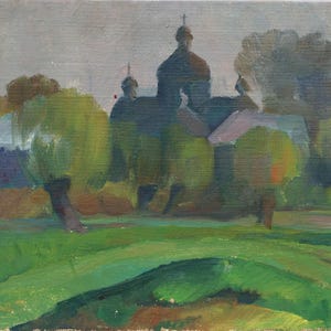 Pintura al óleo original, paisaje de verano antiguo "Catedral", artista ucraniano, obra de arte vintage de los años 80.