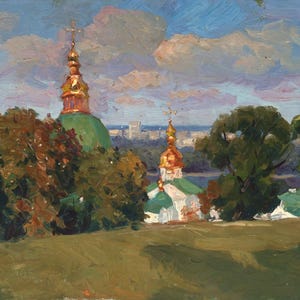 Kyiv View of the Cathedral. Bright Original Antique Oil Painting Landscape,Ukrainian Artist V. Kryuchkov.Vintage Artwork, 1989.Original Gift