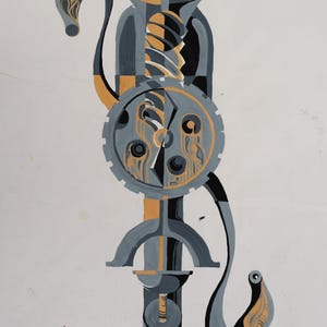 Meat Grinder No 15. Paper, Oil. Original Vintage Signed Artwork in an Abstract Style Ukrainian artist Oleg Stryzhevskyi, Avant-garde Artwork