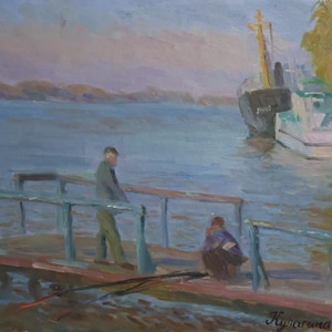 Pintura al óleo original, paisaje de río con pescadores y barcos, artista ucraniano A. Kulagina, obra de arte firmada, década de 2014.