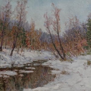 Paisaje de bosque invernal, pintura al óleo antigua, artista soviético I. D. Vorobyev (1908-1972), obra de arte vintage de los años 60