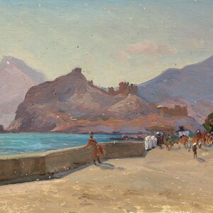Muelle costero rodeado de montañas, 1981. Pintura al óleo original de género, del artista ucraniano V. Kryuchkov. Arte mural para decoración del hogar.