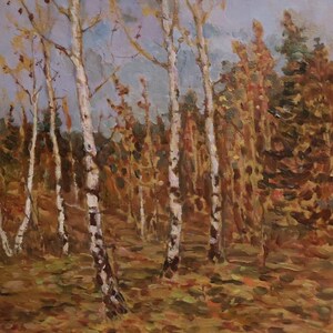 Pintura a óleo antiga original, Paisagem de outono dourado, Bétulas na orla da floresta, Artista soviético I. D. Vorobyev (1908 - 1972)