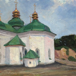 Mañana cerca de la iglesia vieja. Pintura al óleo original vintage "Paisaje rural de verano", del artista ucraniano V. Kriuchkov. Obra firmada, 1970.