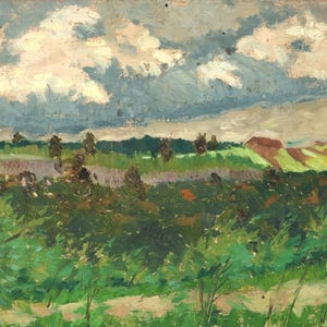 Antes de la lluvia. Pintura al óleo antigua original de un pequeño paisaje de prado de verano sobre cartón, de un artista ucraniano desconocido, años 60.