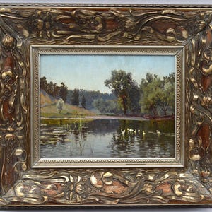 M. Kholodovskiy Paisagem do Rio de Verão "Patos na Lagoa" Pintura a Óleo Original