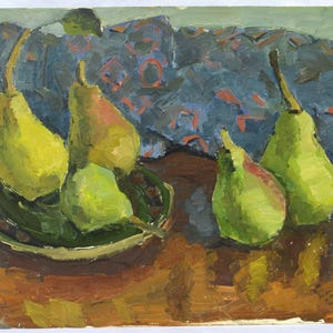 Bodegón de cocina con peras verdes. Pintura al óleo original vintage sobre cartón de un artista ucraniano desconocido.