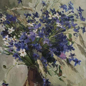 Pintura al óleo original, naturaleza muerta floral con acianos, artista soviético S. Dupinsky, obra de arte vintage firmada, década de 1989.