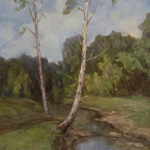 Bosrivierlandschap, origineel antiek olieverfschilderij, Sovjetkunstenaar I.D. Vorobyev (1908-1972), vintage kunst jaren 60.