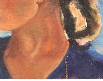 少女の肖像、女性の肖像、80年代。ヴィンテージのオリジナル小型油彩画