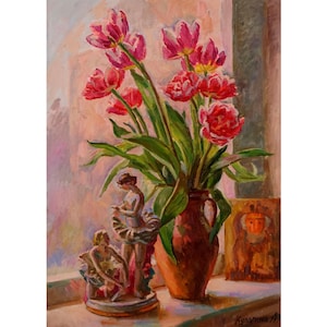Pintura al óleo de flores, arte original, naturaleza muerta floral con tulipanes, artista ucraniano A. Kulagina, obra de arte firmada, 50 х 70 cm, 2022.