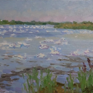 Original Oil Painting, Landscape &quot;Lake with Swans&quot;, Ukrainian Artist A. Kulagina, Signed Artwork, 2020.
