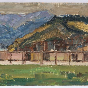 Paisaje de los Cárpatos "Svaliava", 1982. Pequeña pintura al óleo antigua. Paisaje original sobre cartón de un artista ucraniano desconocido.