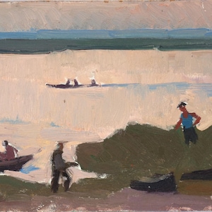 Pequeña pintura al óleo antigua de un paisaje marino. Pintura original sobre cartón de un artista ucraniano desconocido, años 80. "Junto al mar".