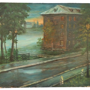 Paisaje urbano "Ciudad al atardecer entre charcos". Pintura al óleo original sobre cartón de un artista ucraniano desconocido, 2016