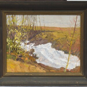 V. A. Korolchuk Paisagem de campo de primavera Pintura a óleo emoldurada original vintage 1995