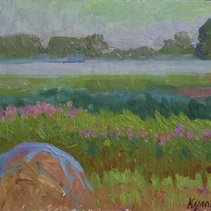 Pintura al óleo original, Paisaje de pradera floreciente "Niebla matutina" con almiares, Artista ucraniano A. Kulagina, Obra firmada, 2006.