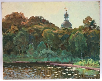 Vintage River Landscape Oil Painting, V.M. Atlantov, 1970s