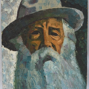 Pintura al óleo antigua original del artista ucraniano soviético Anatolii Turovskyi, Retrato de un anciano con barba y sombrero, 1971, Retrato masculino