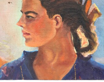 少女の肖像、女性の肖像、80年代。ヴィンテージのオリジナル小型油彩画