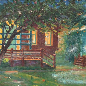 Pintura al óleo original antigua de un patio rural. Paisaje rural sobre cartón, obra de un artista ucraniano desconocido, años 80.