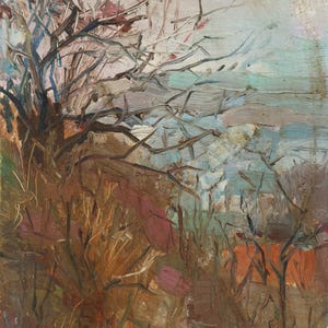 Pintura al óleo original antigua Artista ucraniano desconocido Años 80. Paisaje pintoresco de río sobre cartón.