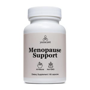 Puede incluir: Botella de plástico blanca con una etiqueta que dice "yuzucare Menopause Support" y presenta un icono de hoja. La etiqueta también dice "All-Natural" y "Non-GMO" con iconos. La botella es un suplemento dietético con 60 cápsulas.