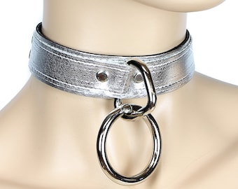 Silver 1-1/2" O-Ring & Silver Patent Leather Choker Necklace Goth Punk Grunge Metal