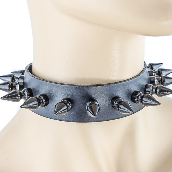 Black Leather Choker w Black Spikes Necklace Goth Punk Emo Grunge Metal Club