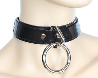 Silver 1-1/2" O-Ring & Black Patent Leather Choker Necklace Goth Punk Emo Grunge