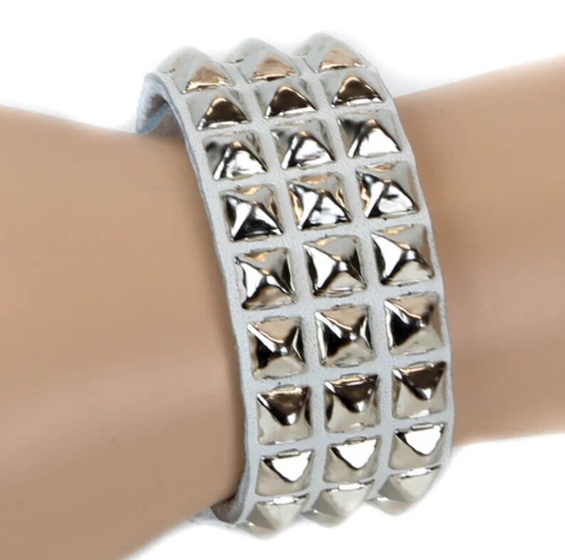 Men's 3-Row Silver Pyramid Studded Wristband - Black Leather, Emo Gothic Metal Style
