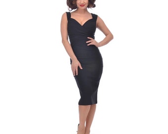 Rock Steady Black Pencil Bodycon Midi Dress Pinup Retro Rockabilly Psychobilly