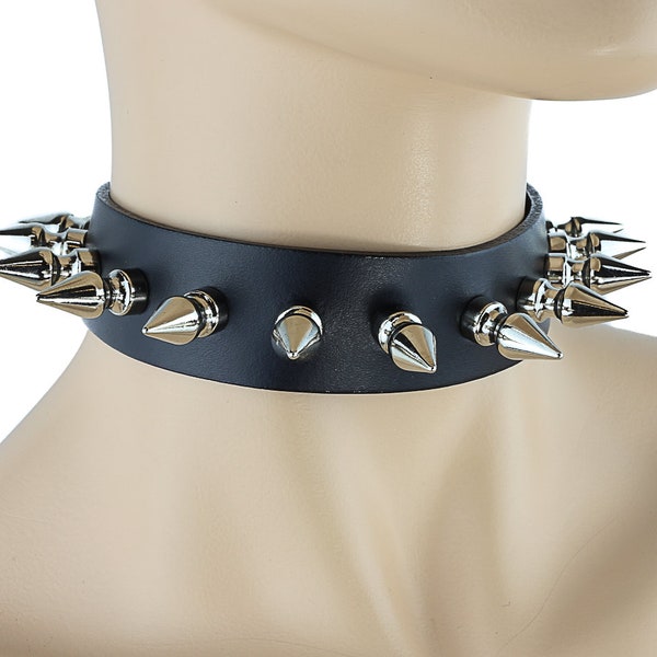 Black Leather Choker w/ Silver Spikes Necklace Goth Punk Emo Grunge Metal Club