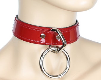Silver 1-1/2" O-Ring & Red Patent Leather Choker Necklace Goth Punk Emo Grunge