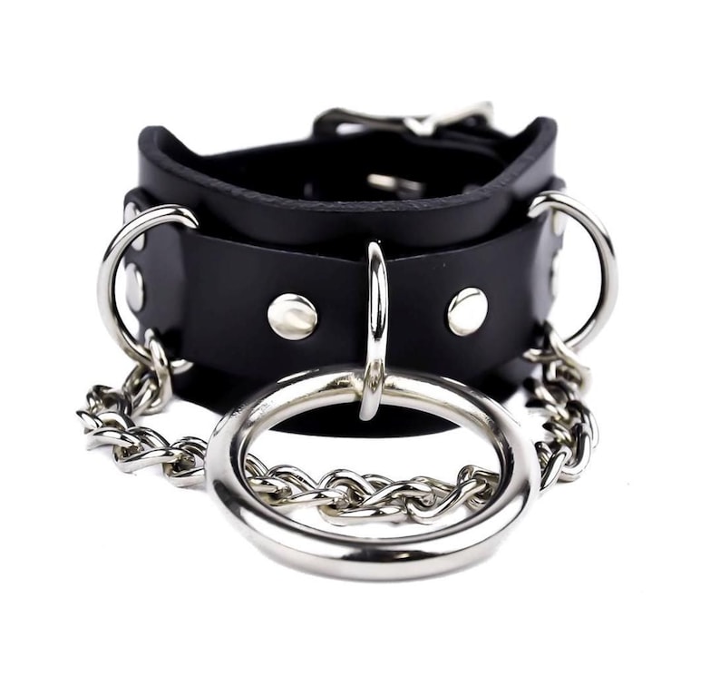 O-Ring /& Silver Chain Quality Black Leather Wristband Cuff Bracelet 1-1//2/" Wide