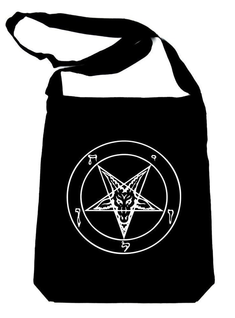 DYS-SB-008-WHT White Classic Inverted Pentagram Baphomet Goat Head Sling Cross Body Bag